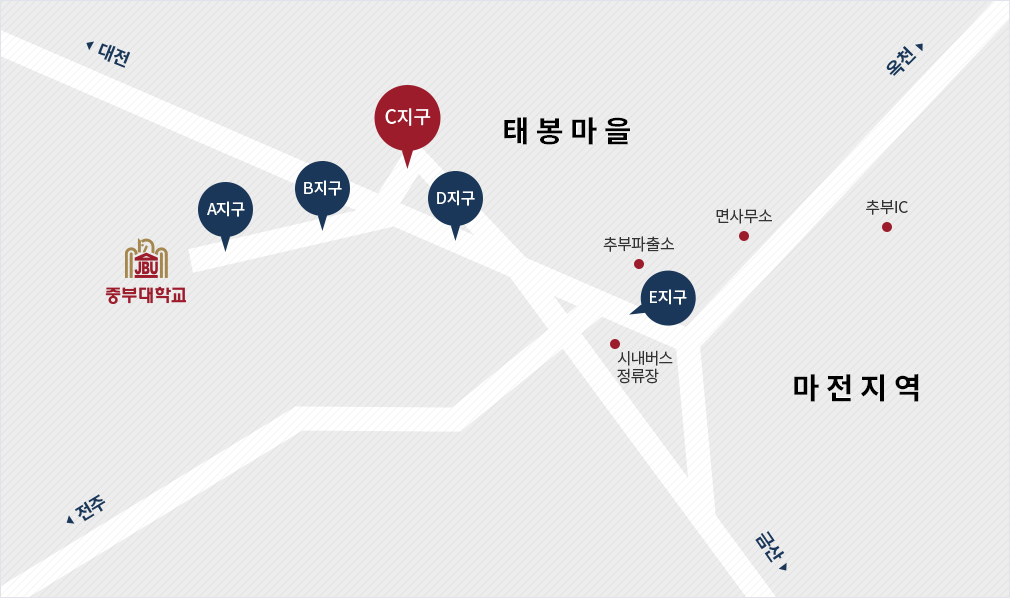 중부대학교 주변 중부가족의 집 (A지구, B지구, C지구, D지구, E지구)의 위치를 나타낸 이미지에서 C 지구가 선택된 이미지 지도