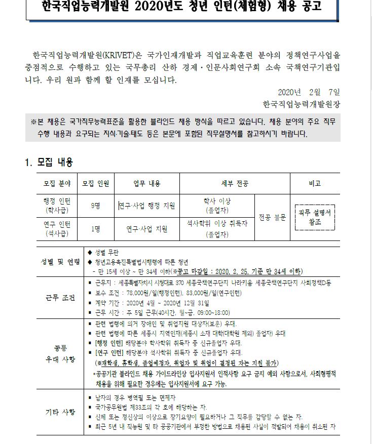 [채용] 한국직업능력개발원 2020년도 청년 인턴(체험형) 채용 공고 | 취업정보 | 중부소식방 | 중부광장 : 중부대학교