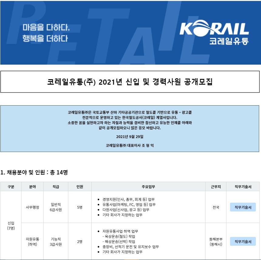 [채용] 코레일유통(주) 2021년 신입 및 경력사원 공개모집 | 취업정보 | 중부소식방 | 중부광장 : 중부대학교