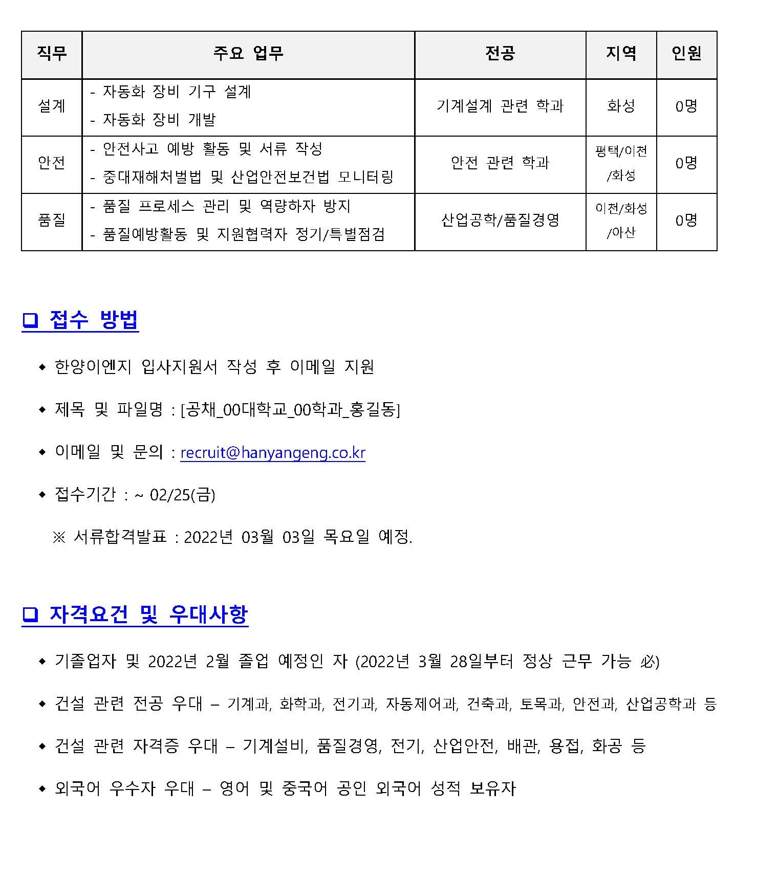 [채용]한양이엔지 2022년 상반기 대졸 공채 모집 | 취업정보 | 중부소식방 | 중부광장 : 중부대학교