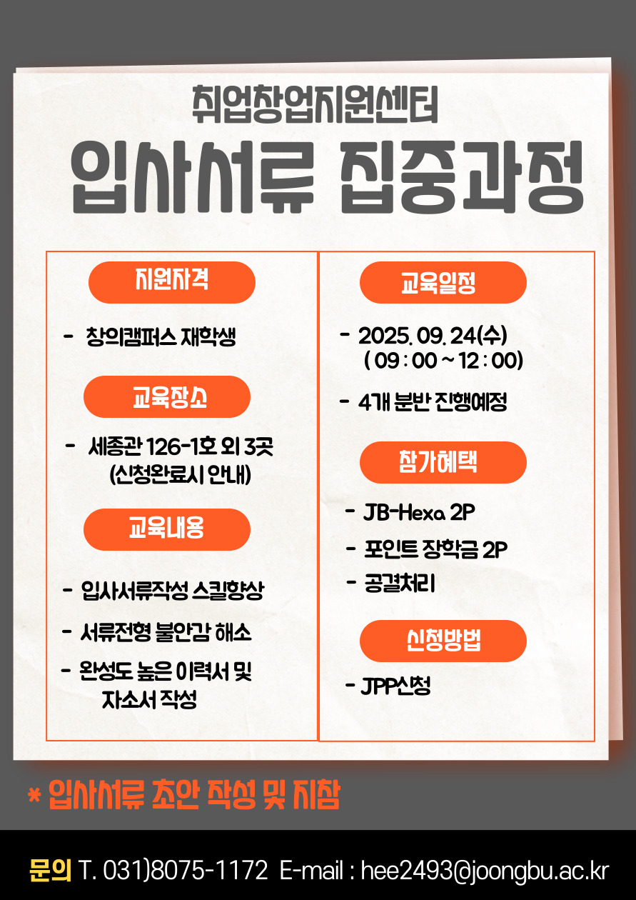취업창업지원센터 입사서류 집중과정 / 지원자격 : - 창의캠퍼스 재학생 - 4개 분반 진행예정 / 교육일정 : - 2025. 09. 24(수) (09: 00~12: 00) / 교육장소 : - 세종관 126-1호 외 3곳 (신청완료시 안내) / 참가혜택 : - JB-Hexa 2P  - 포인트 장학금 2P  - 공결처리 / 교육내용- 입사서류작성 스킬향상 - 서류전형 불안감 해소  - 완성도 높은 이력서 및 자소서 작성 / 신청방법 - JPP신청 / * 입사서류 조안 작성 및 지참 문의 T. 031)8075-1172 E-mail: hee24930joongbu. ac. kr