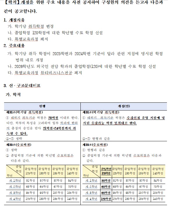 【학칙】개정안 의견 수렴(1) - 상세 내용 하단 참조