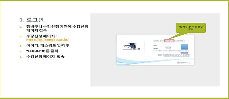 1. 로그인 - 장바구니 수강신청 기간에 수강신청페이지 접속 - 수강신청 페이지: https://sg.joongbu.ac.kr/ - 아이디, 패스워드 입력후 - 'LOGIN'버튼 클릭 - 수강신청페이지 접속