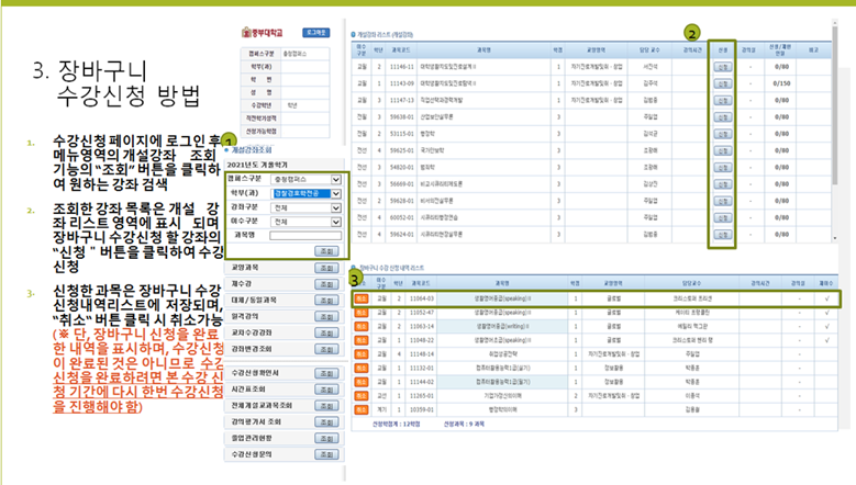  3. 장바구니 수강신청 방법 - 수강신청 페이지에 로그인 후 메뉴영역의 개설강좌 조회 기능의 조회 버튼을 클릭하 여 원하는 강좌 검색         - 조회한 강좌 목록은 개설강 좌리스트 영역에 표시 되며 장바구니 수강신청 할 강좌의 신청 버튼을 클릭하여 수강 신청         - 신청한 과목은 장바구니 수강 신청내역리스트에 저장되며, 취소 버튼 클릭 시 취소가능 (단, 장바구니 신청을 완료 한 내역을 표시하며, 수강신청이 완료된 것은 아니므로 수조 신점을 완료하려면 본수강신 청 기간에 다시 한번 수강신청을 진행해야 함) style=