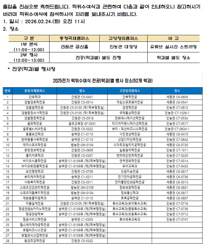 2025학년도 전기 학위 수여식 안내(1) - 상세 내용 하단 참조