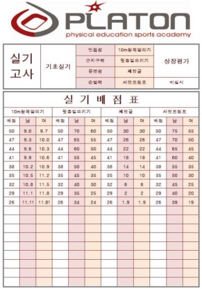 중부대학교 특수체육교육과 실기배점표